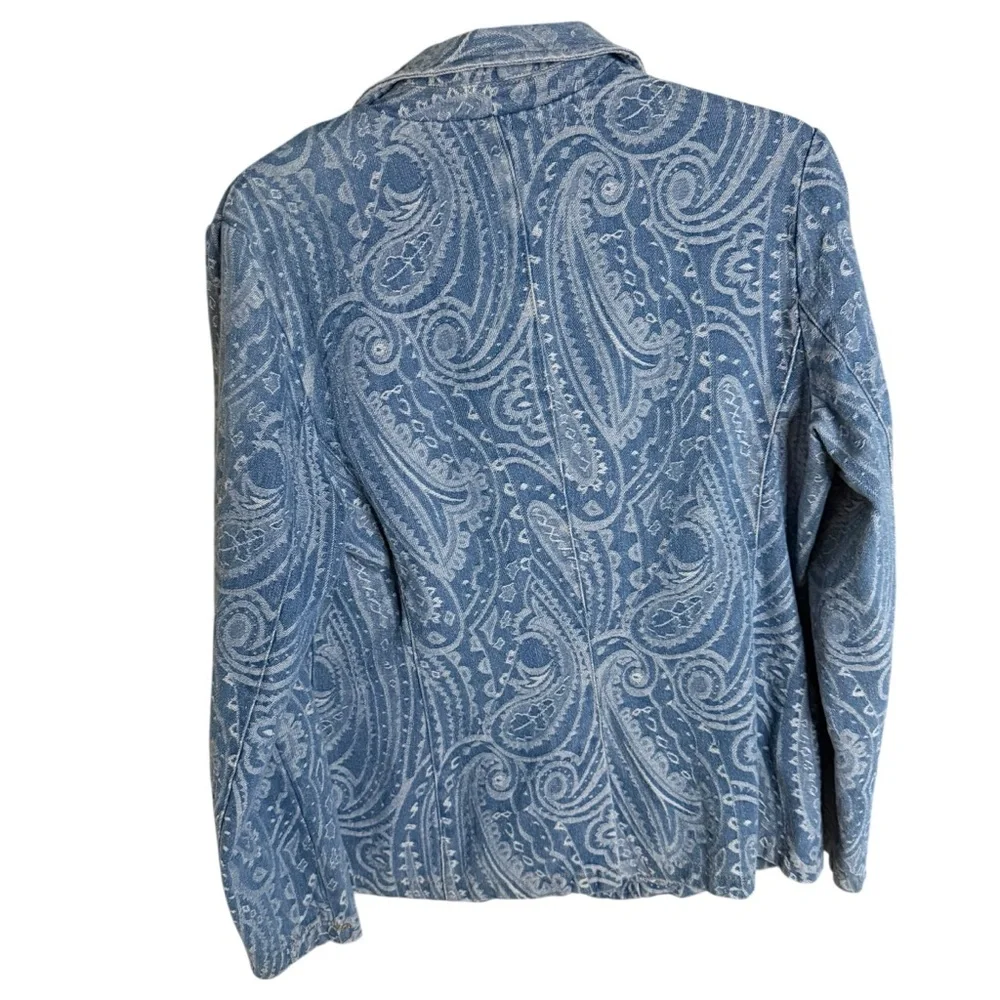 Solitaire Women’s Paisley Denim Blazer Jacket, Size Med Cotton Blend W/ Pockets